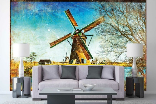 Vlies Fototapete - Holländische Windmühlen 375 x 250 cm